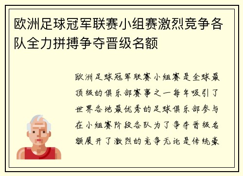 欧洲足球冠军联赛小组赛激烈竞争各队全力拼搏争夺晋级名额
